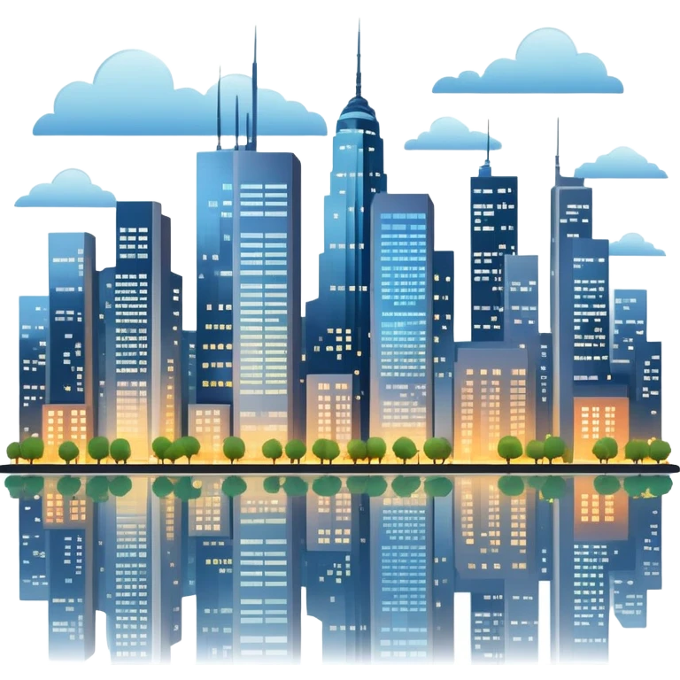 A modern cityscape with tall buildings, skyscrapers, and windows lit up, representing an urban environment full of life and activity emoji