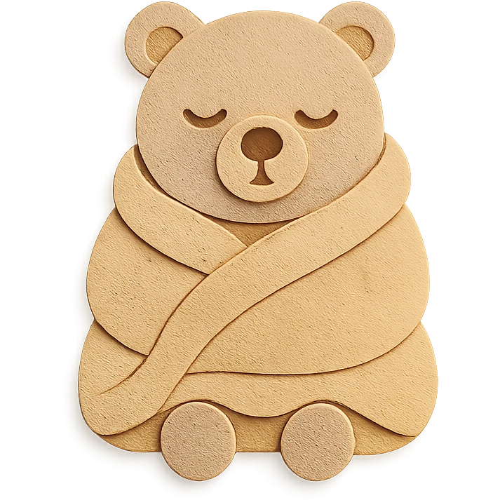 soft beige fluffy electric blanket bear, wrapped around itself, sleepy face, full-body emoji