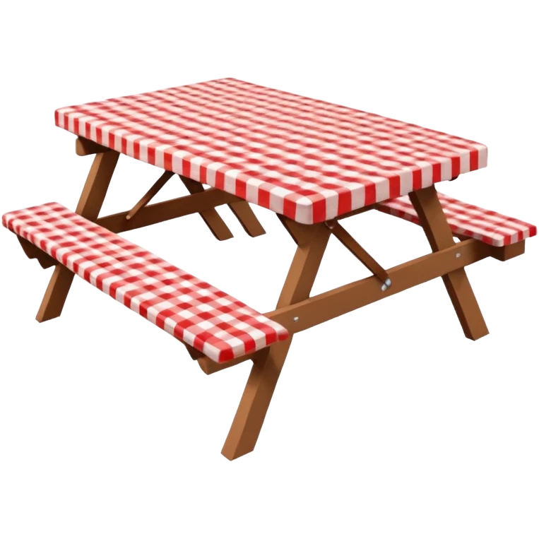  A cute picnic table with Gingham plaid print table cloth, isolated, hyperrealistic. 4k hd professional quality  emoji
