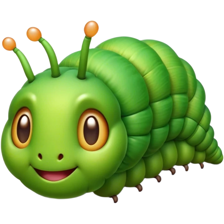 Cinematic Realistic Cute Caterpillar Portrait Emoji, Head tilted playfully and inquisitively, featuring a compact, segmented body in bright, vibrant green with delicate, inviting textures and a charming, rounded face with sparkling eyes full of curiosity, rendered with lifelike detail and natural highlights, high shine, affectionate and spirited, styled with a touch of garden whimsy, soft glowing outline, capturing the essence of a mischievous yet lovable caterpillar that seems poised to crawl cheerfully into your arms! emoji
