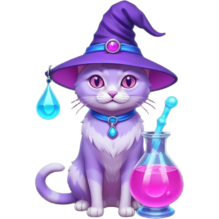 Purple witch cat full body with pink potion neon  and blue potion neon emoji