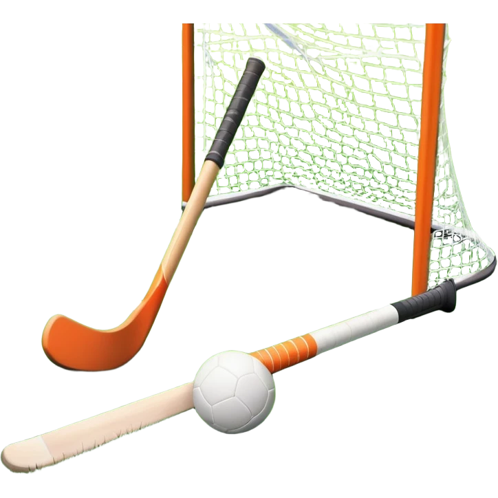 A field hockey stick and ball on a vibrant green grass field, with goalposts and clear field markings in the background. The scene emphasizes the bright, lush grass, highlighting the fast-paced and strategic nature of hockey on a well-maintained pitch. emoji