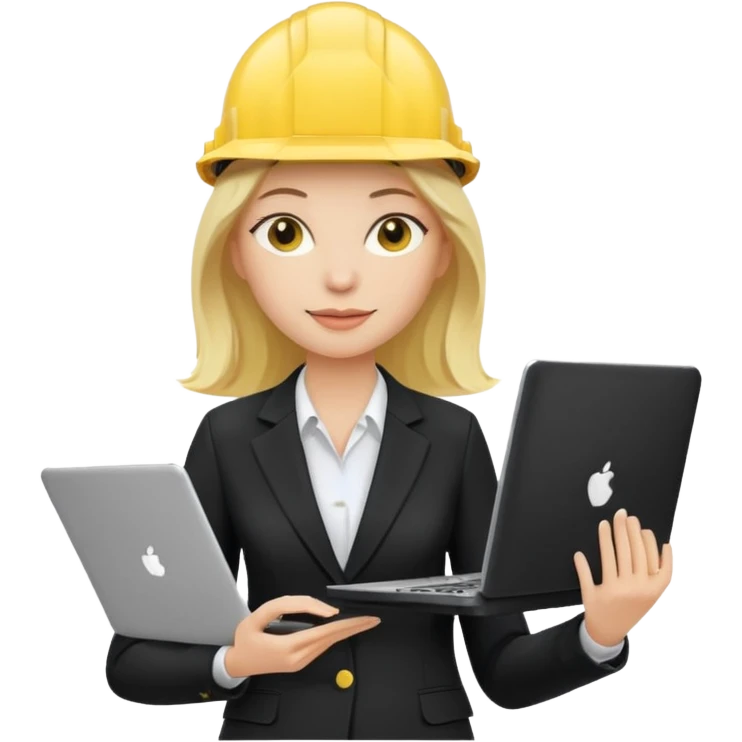 сделай специалиста по охране труда, светловолосую девушку с ноутбуком в руках в желтой каске и черном брючном костюме без шильдиков на касках emoji