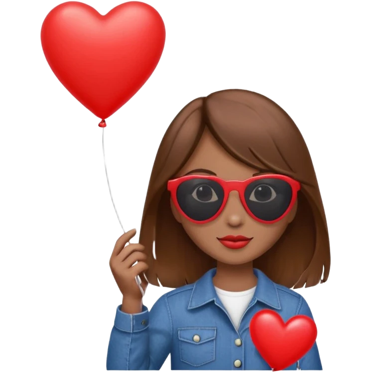 brown hair girl with sun glasses holding red heart balloon emoji