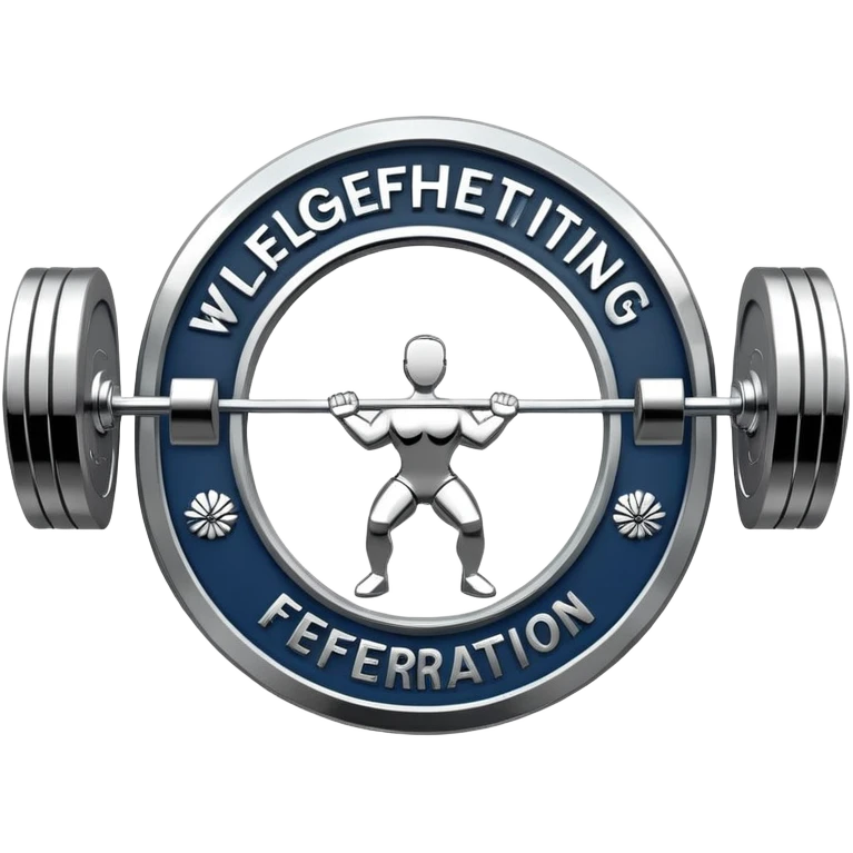 An emblem representing the World Weightlifting Federation with a stylized barbell and global elements. Bold text and clean lines symbolize strength, unity, and competition. Modern, dynamic design with a transparent background. emoji