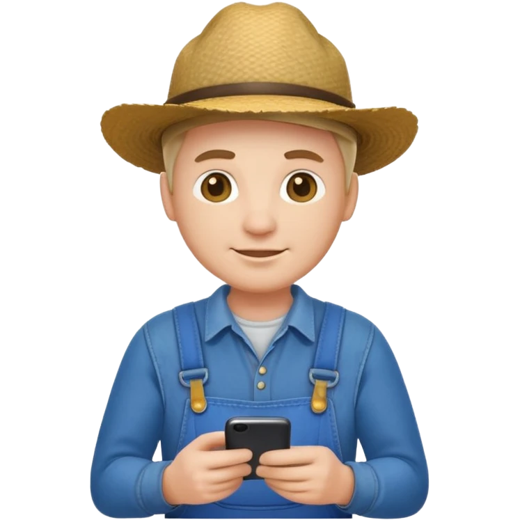 a farmer emoji with overalls holding a smartphone, minimal background emoji