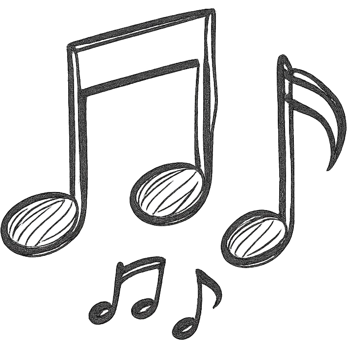 Musical notes icon, hand drawn, black outlines, no fill, simple and clean, side view emoji