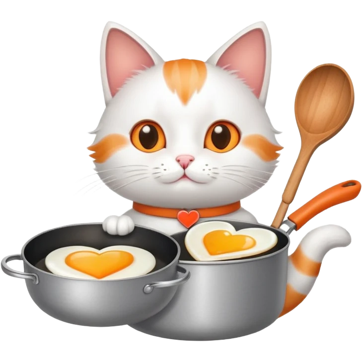 a cat holding a cooking pan with double heart-shaped egg emoji