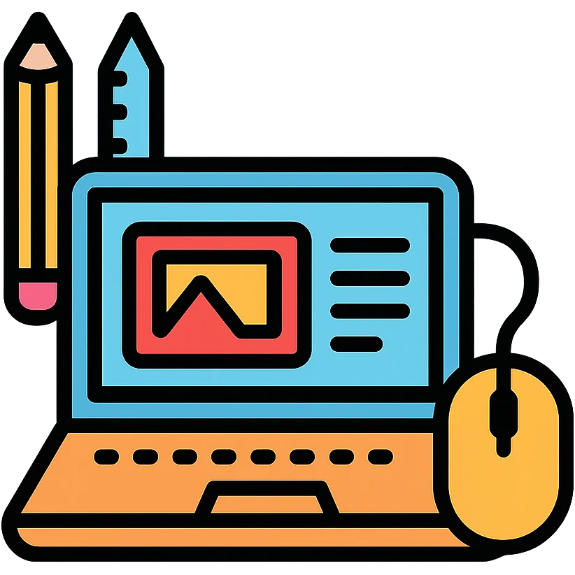 web designer as a color outline icon, featuring a stylized laptop, mouse, and creative tools emoji