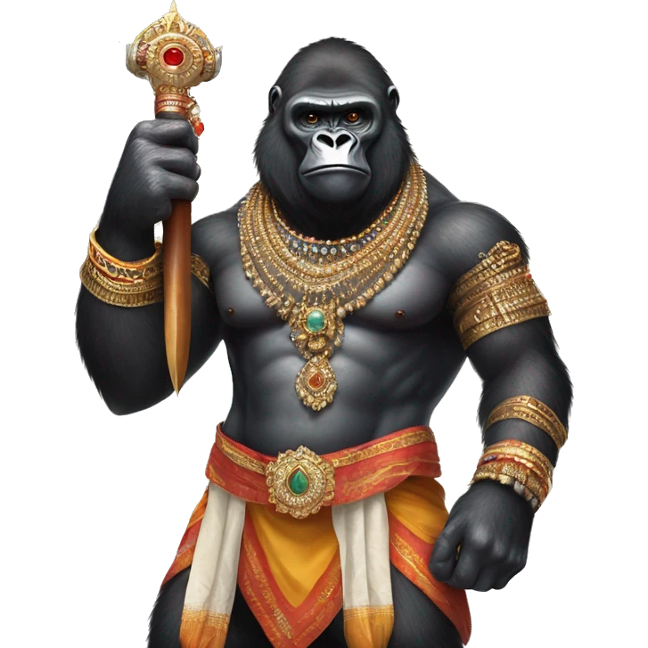 male gorilla with indian male jewellery and  indian traditional wear, holding a  huge weapon, humanoid, holding another  huge weapon  emoji