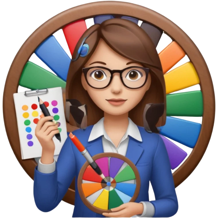 female graphic designer , color wheel, pens, papers emoji