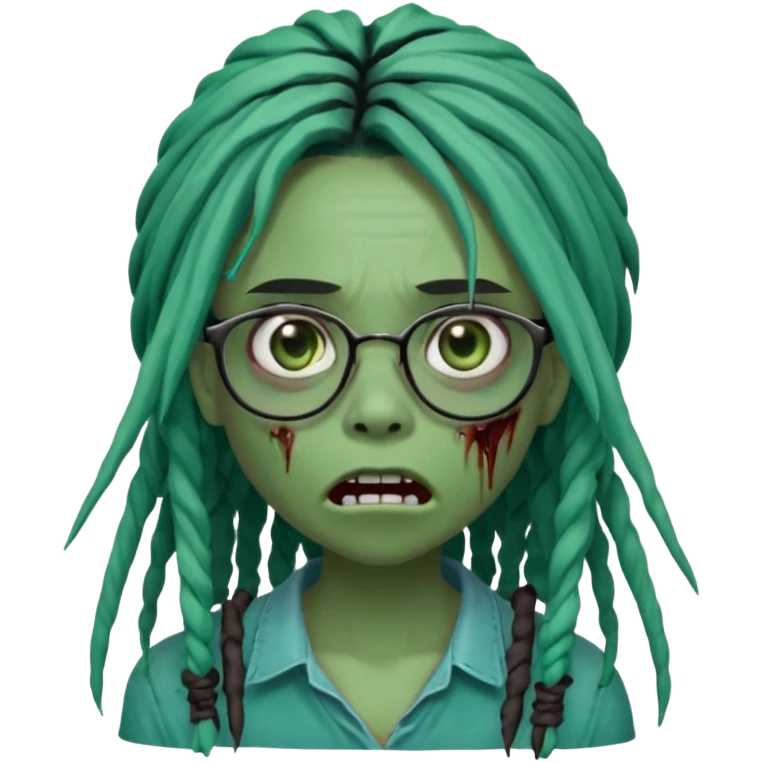 One young female green-skinned, zombie with glasses, with ombre black roots & teal tips long dreadlocks and a side bang of her locs that fall over the left eye and a worried expression like with the mouth open, teeth showing, and the jaw uneven. with a small wound near its mouth. emoji