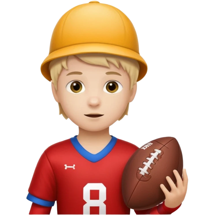 A child stands in a football costume, holding an actor's hat emoji