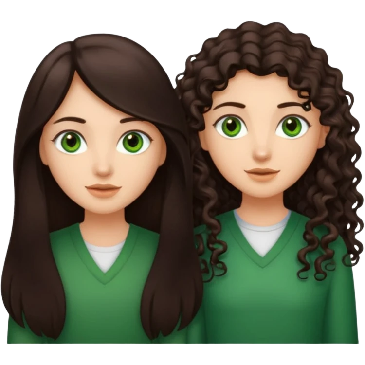 Two besties: 1: long ironed straight darkbrown hair, green eyes 2: long curly darkbrown hair, brown eyes emoji