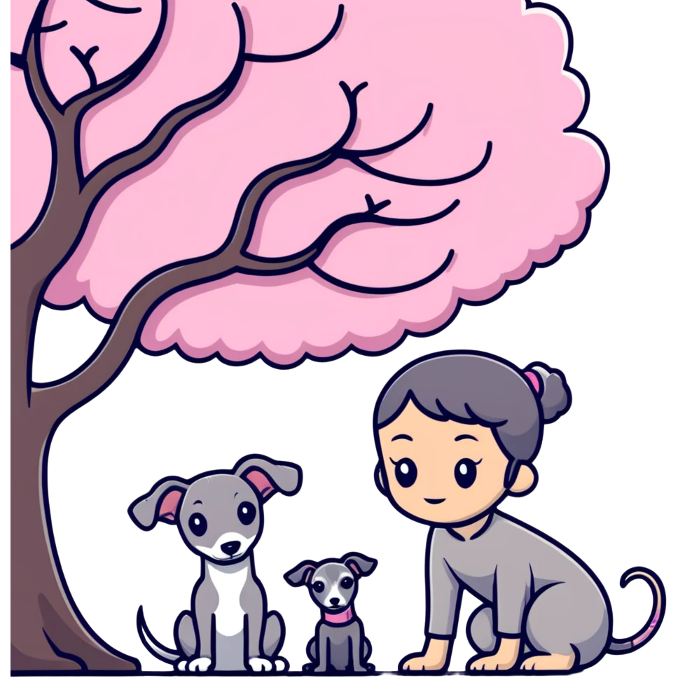 A young Chinese girl and a grey Italian Greyhound sitting under a cherry blossom tree emoji