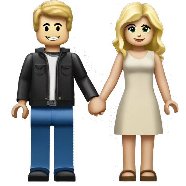 a blonde girl and brunette boy as lego people holding hands emoji