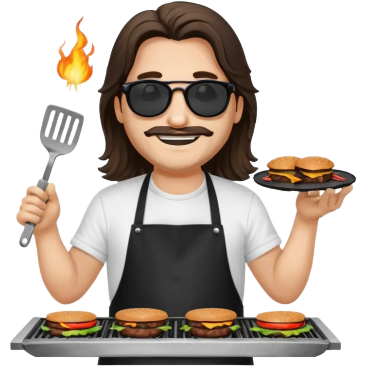 long hair man grilling wearing shade smiling in a white tshirt and a black apron grilling burger and meat on a sizzling grill emoji