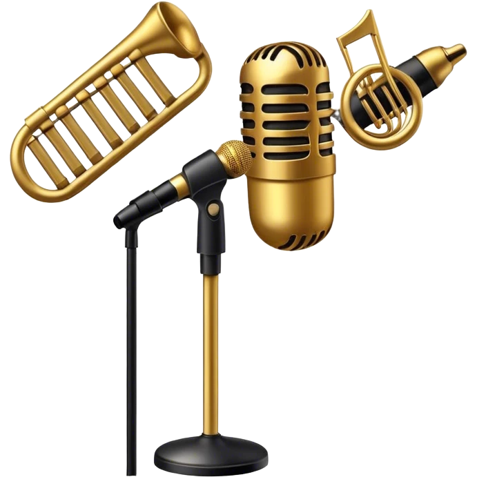 Create a sophisticated and smooth emoji representing jazz vocal performance. The design should feature a stylized microphone, with musical notes swirling around it to convey the fluid, improvisational nature of jazz. Add subtle elements like a vintage microphone stand or a hint of a singer’s silhouette in the background to reflect the live, intimate feel of jazz performance. Use deep, rich colors like gold, black, and burgundy to evoke the classic, smooth vibes of jazz. The background should be transparent. emoji
