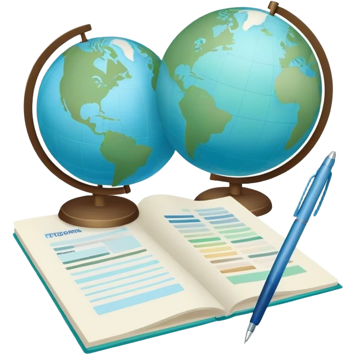 Create an emoji representing language translation. The design should feature just one globe in the background, symbolizing international communication. In front of the globe, place two books or sheets of paper with texs on them and a pen nearby to indicate the act of writing. Use a clean and professional color palette with blues, greens, and neutral tones. Make the background transparent. emoji