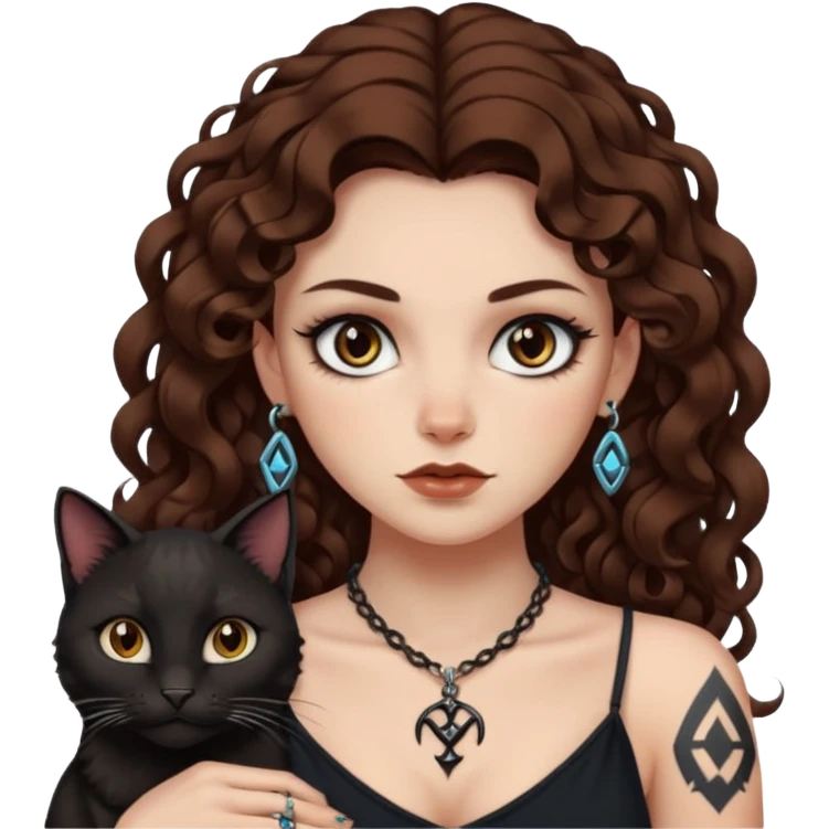 woman with long curly brown hair, brown eyes, white skin, tattoos, black cat wearing tiny rune necklace judging everyone emoji