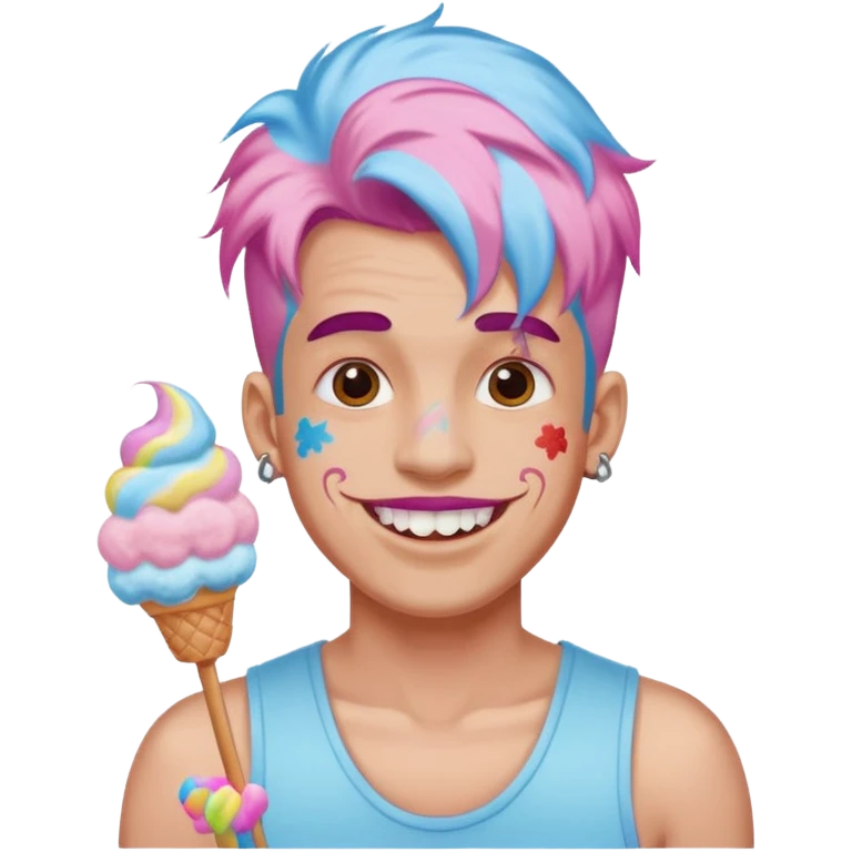 happy colorful haired man made out of cotton candy with braces and tattoos and just face not holting anything emoji