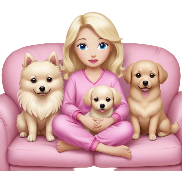 A blonde girl with blue eyes and pink lips with slightly plump cheeks in pink pajamas with feathers sits on a sofa with soft pillows and two Spitz dogs and one Labrador, beige dogs.  The girl's eyes are long and curled. Long natural eyelashes. Brown eyebrows. emoji