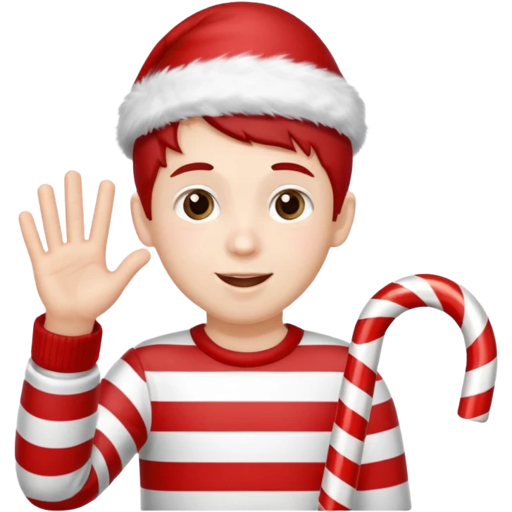 A boy waving a candy cane happily, emoji