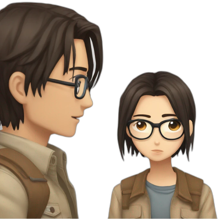 Levi Ackerman and Hanji Zoë with glasses kissing emoji