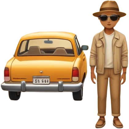 A parked car rests on the side of a long with a person outside , empty road stretching toward a golden sunset. The sky glows with warm colors, and the landscape ahead feels open, peaceful, and full of promise. emoji