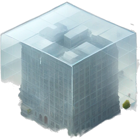Transparent glass cube with inside many buildings  emoji