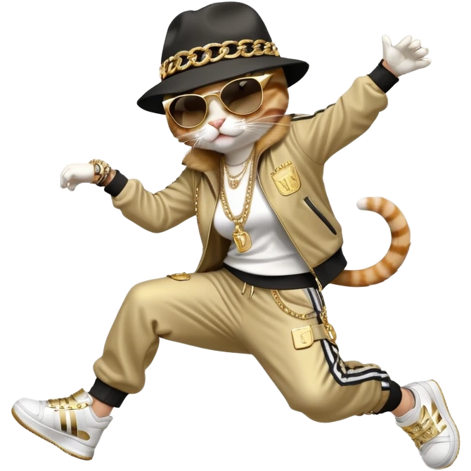 female cat in Run DMC hip-hop outfit with tracksuit, fedora, Adidas sneakers, dark sunglasses, many gold chains and bling accessories, doing a headspin break dance move emoji