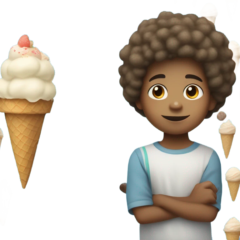 Light skin color fat boy nine years old with a small Afro eating ice cream   emoji