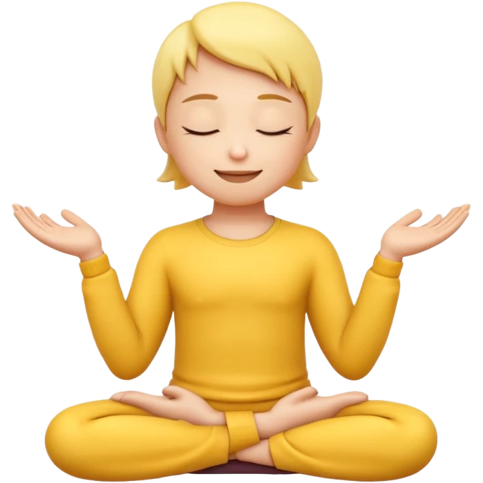 A 3D Apple-style yellow round emoji sitting in a lotus position, eyes gently closed, calm and peaceful smile, hands resting on knees with palms facing upward, relaxed eyebrows, soft glow around the emoji to symbolize inner peace, clean minimal background. emoji