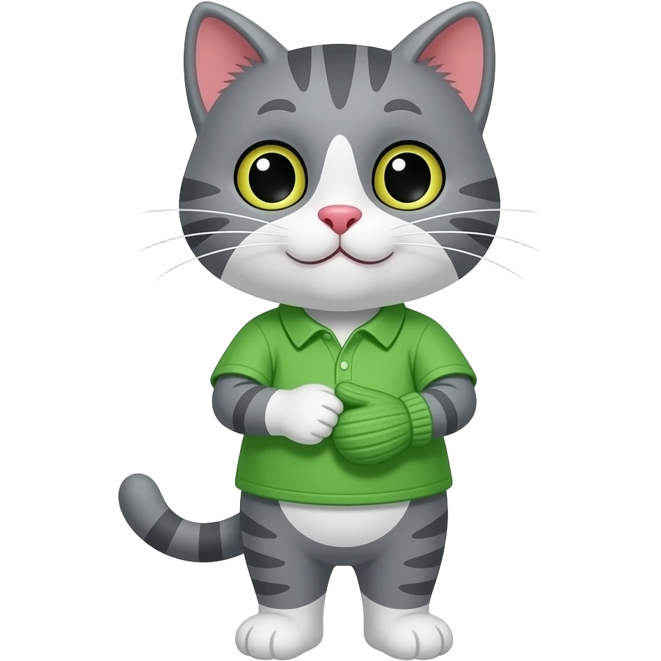 Cartoon brother gray cat wearing a green shirt standing put on the mitten emoji