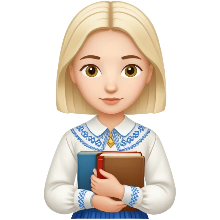 Young Ukrainian librarian wearing a traditional white embroidered vyshyvanka shirt holding books emoji
