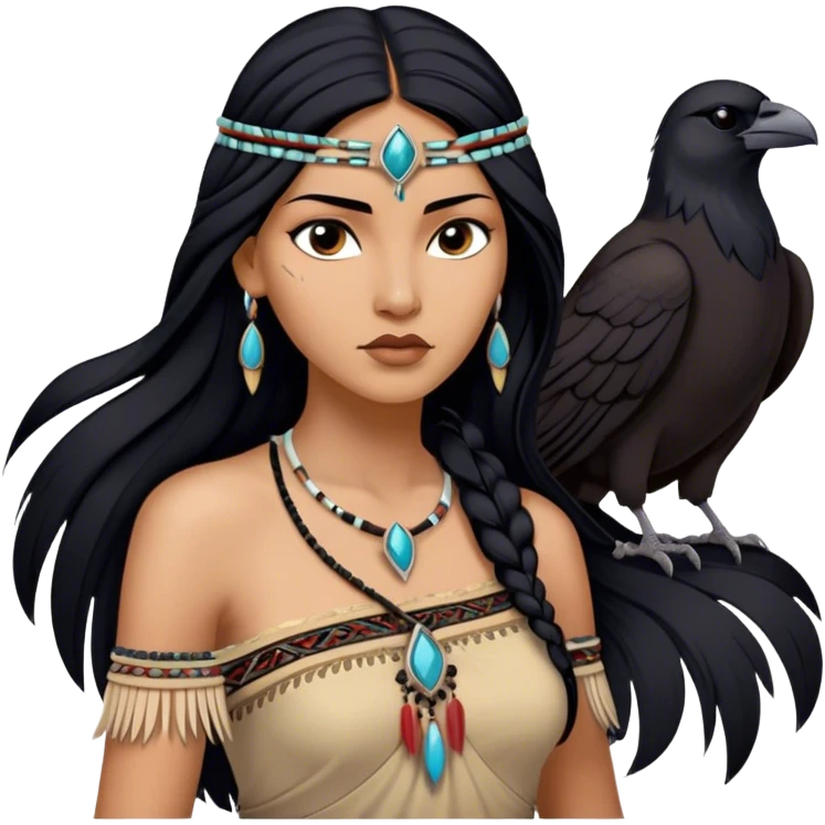 Cinematic Realistic Pocahontas Portrait, depicted with lifelike skin texture, soft natural lighting, and intricately detailed long, flowing raven-black hair that moves gracefully in the wind. Her deep, soulful dark brown eyes exude wisdom and strength, complemented by a serene yet powerful expression. She is dressed in her classic one-shoulder native american dress, with rich fabric textures and delicate beaded details that catch the light beautifully. The portrait features a soft, sun-kissed glow with a natural, radiant finish, capturing the essence of untamed beauty and deep connection to nature in a realistic and painterly style, evoking a sense of depth and authenticity. emoji