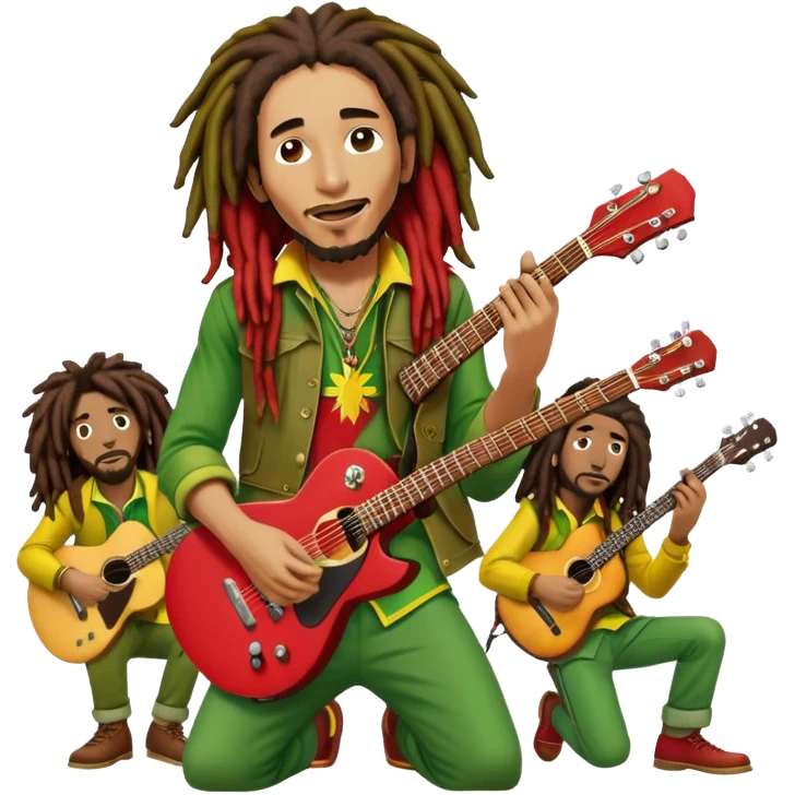 Icon for Reggae Music: Bob Marley with his guitar, surrounded by his band, The Wailers. The design should capture the laid-back, rhythmic vibe of reggae, with iconic dreadlocks and vibrant colors (red, yellow, green). Transparent background. emoji