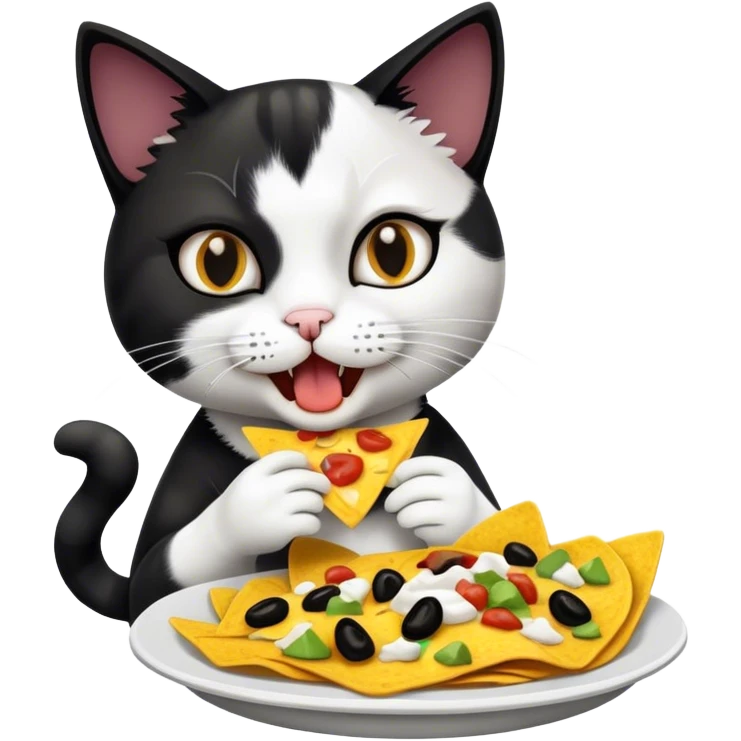 Black and white female cat eating nachos emoji