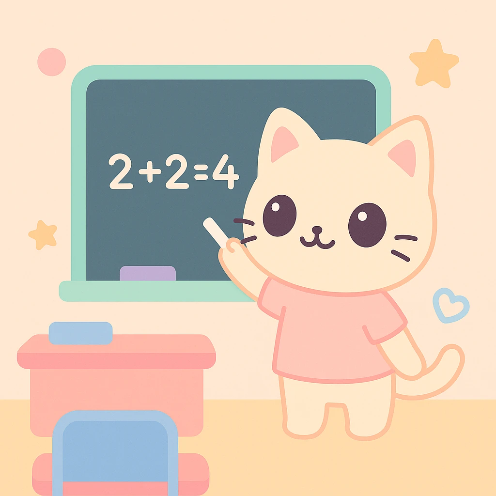cat teacher writing on a blackboard with chalk, classroom background, cheerful and lively feeling emoji