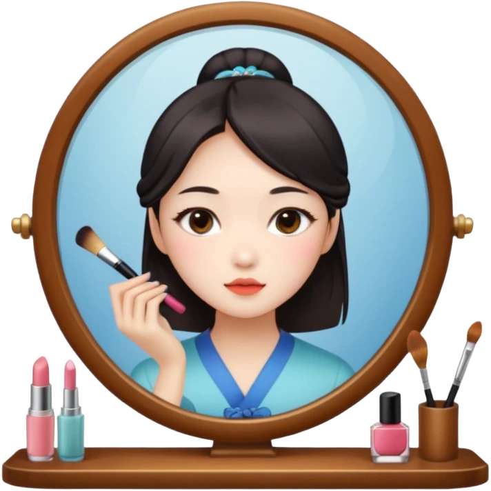 A chinese girl is prettying herself in front of mirror and the mirror reflects her face emoji