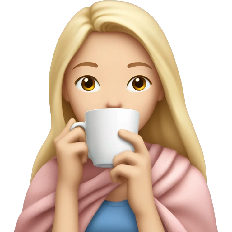 Blonde girl inside a light pink blancket sipping coffee eyes closed white skin blue eyes  emoji