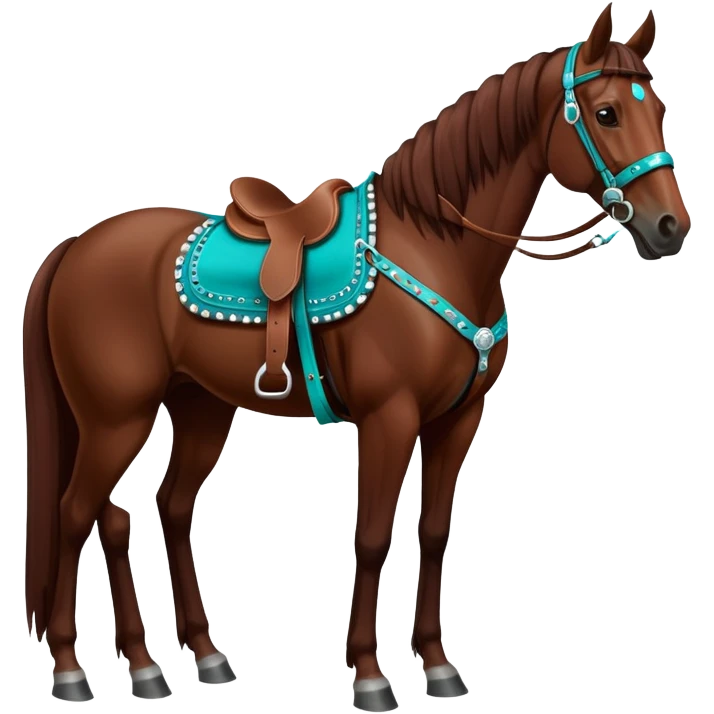 Dark chestnut horse with turquoise western tack full body standing still emoji