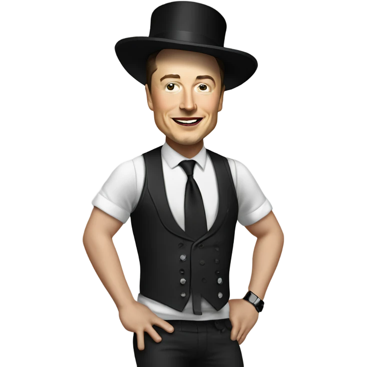 Elon musk doing the conga dance with a top hat on and a crop top with booty shorts emoji