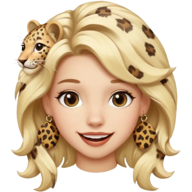 Une fille blonde et joyeuse. Elle porte une coiffure rock et originale avec 3 pinces pour cheveux  léopard et motif peau de vache. emoji