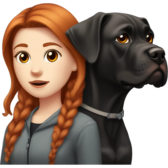 red-haired girl with brown eyes, pale skin sits with a black cane corso emoji