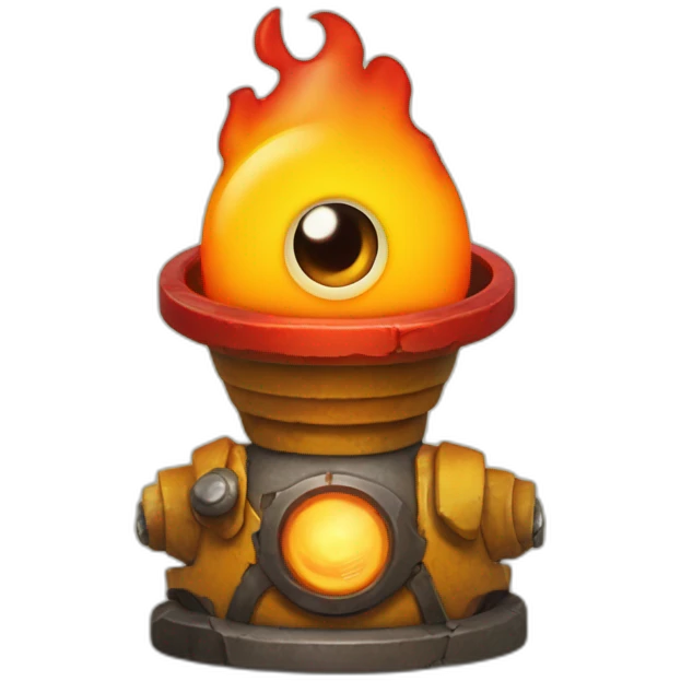 The Burny Games character, a cartoon-like yellow-orange figure with a dome-shaped body, flames at the top, large eyes, and a red tongue, is immersed emoji