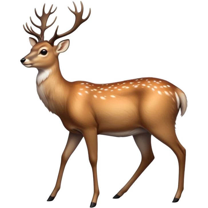 cinematic-noble [deer]-realistic-full-body-standing on all fours-emoji,-tail-tucked-close,-head-tilted-dramatically,-sleek-[fawn]-fur,-simplified-yet-realistic-focused-features,-highly-detailed,-glowing-with-an-almost-sarcastic-glow big antlers emoji