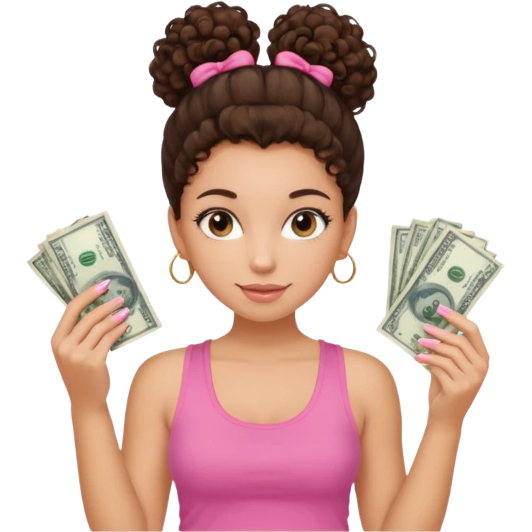 Uma menina com o cabelo cacheado com um Coque com baby hair morena, e com uma regata rosa com unha em gel,e com dinheiro na mão , emoji