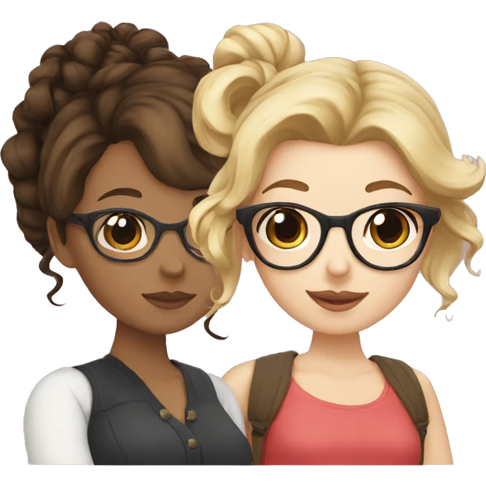 Blonde girl with glasses, brunette with curly hair and glasses and dark haired brunette with glasses and a bun emoji