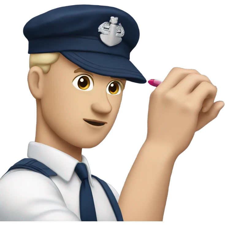 A  white man putting on lipstick in a navy outfit  emoji